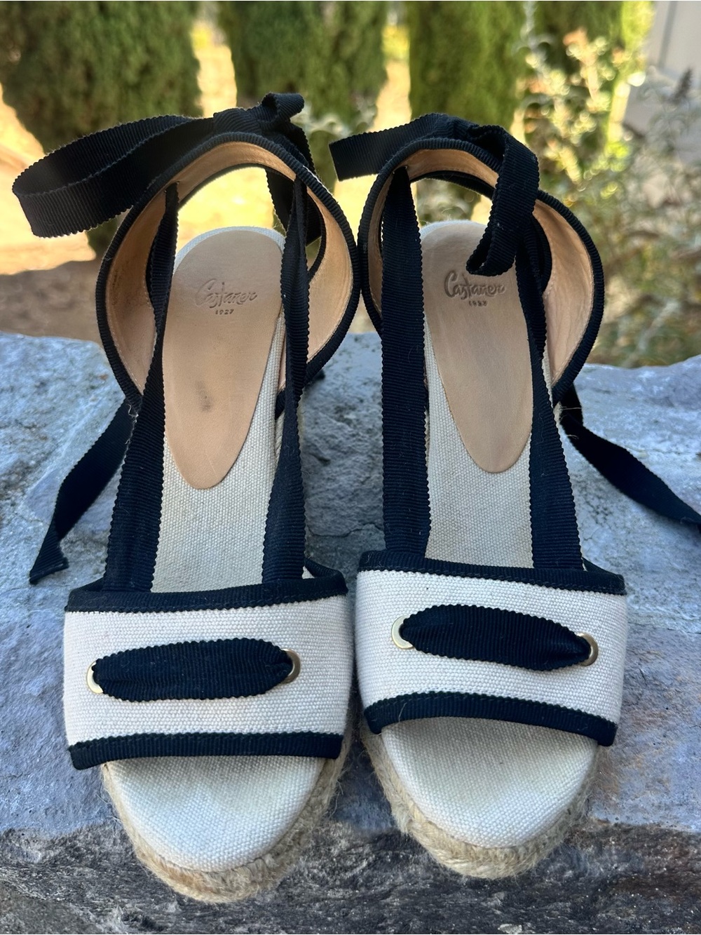 Castaner Black & Cream Lace Up Espadrille Wedge Sandals